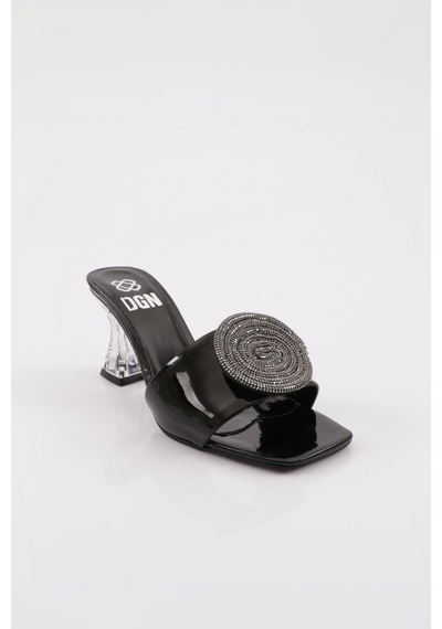 Dgn Ykb-03 Kadin Oval Taş İpi İşleme Topuklu Terlik YKB-03-1563-R1645 Siyah