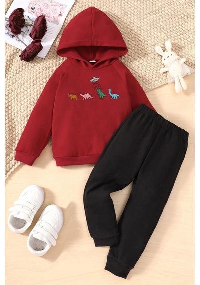 Uyguntarz Dinazor Baskılı Çocuk Rahat Eşofman Takımı Kırmızı