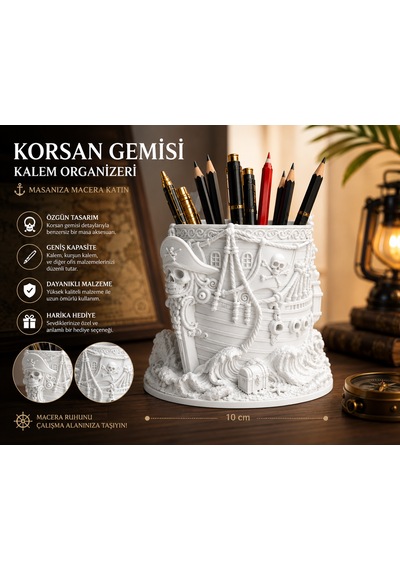 Korsan Gemisi Kalemlik Ve Masaüstü Organizer 10x8 Dekoratif Kalem Tutucu Beyaz