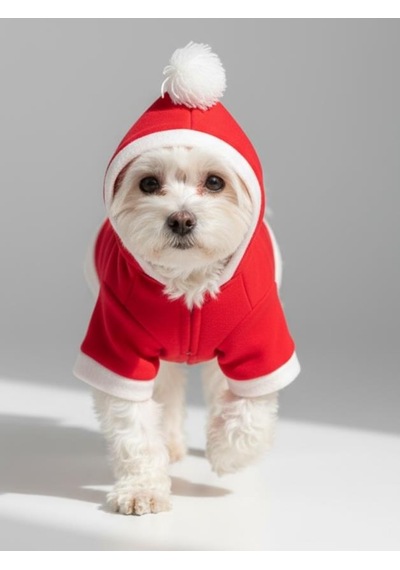 Uncle Teddy Kırmızı Xmas Köpek Kıyafeti Kapüşonlu Polar Noel Sweatshirt Küçük Irklar İçin