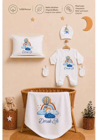 Pia Baby İsme Özel Erkek Bebek Tulum Seti %100 Pamuk Organik Baskılı Yastık Kılıfı Ve Battaniyeli Tulum 2049tyb0x Ekru