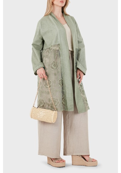 Via Dante % 100 Keten Dantel Detaylı Kimono Bayan Kimono 6909330 Haki