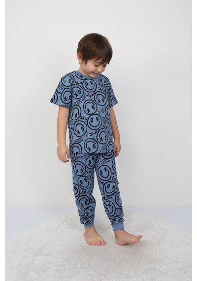 Bunny Hopp Erkek Çocuk Oyun Konsolu Desenli Kısa Kollu Yazlık Pijama Takımı %100 Pamuk Süprem Penye Bebek Mavi