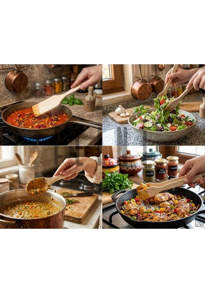 Gürgen Set Ahşap Tahta Kaşık Çatal Spatula Maşa 4'lü Set Yemek Servis Seti Mutfak Seti