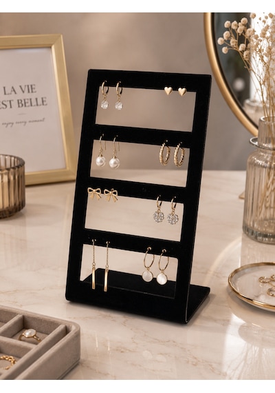 4 Katlı Küpe Ve Kolye Standı Beyaz Kadife Takı Standı Siyah