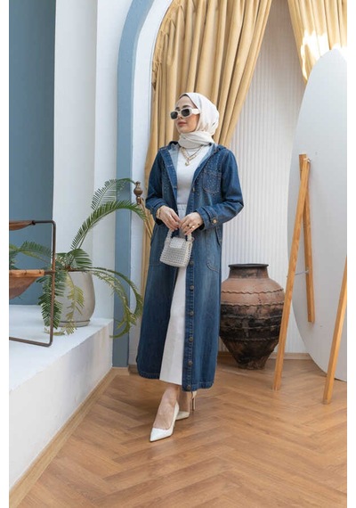 6329-taşlı Denim Kapşonlu Kap Koyu Mavi Koyu Mavi