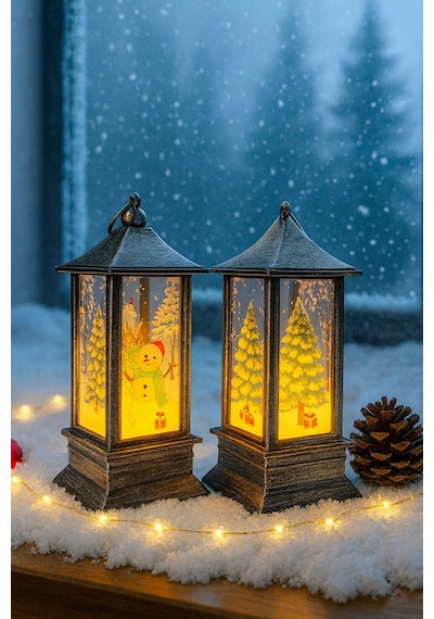 Led Işıklı Noel Feneri 2 Li Set Kardan Adam & Çam Ağacı Temalı Dekoratif Yılbaşı Lambası 14 Cm 20