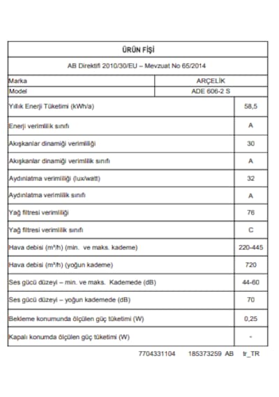 Arçelik ADE 606-2 S Duvar Tipi Ankastre Davlumbaz Siyah