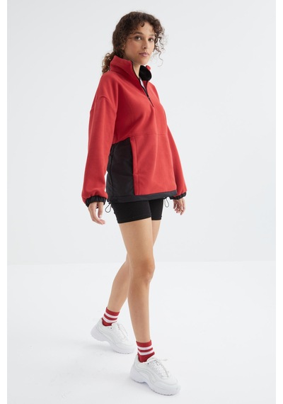 Tommy Life Fiesta Yarım Fermuar Etek Ucu Büzgülü Dik Yaka Oversize Kadın Polar Sweatshirt - 97236 Kırmızı