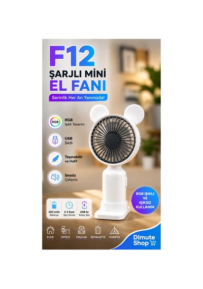 F12 Mini El Fanı Şarjlı Taşınabilir Usb El Vantilatörü Beyaz - 886035522