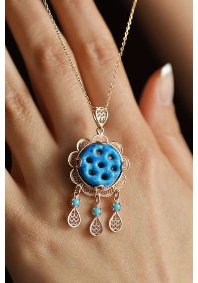 Roza Silver Firuze Taşlı Rose Yedi Göz Süryani Nazarlığı Telkari Gümüş Kolye