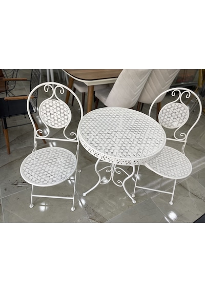 Ferforje Katlanır 1 Masa 4 Sandalye Balkon Takımı Beyaz 60cm Beyaz