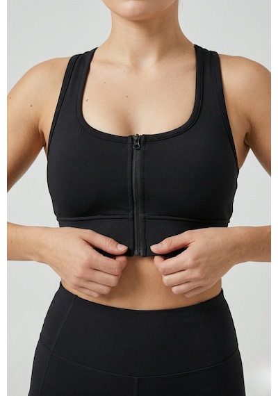 EMFURE Siyah Fermuarlı Spor Büstiyer - Sports Bra / Crop Destekli Spor Sütyeni Siyah