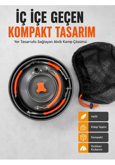 Kompakt Kamp Yemek Seti Alüminyum Tencere Tava Çaydanlık Taşıma Fileli Outdoor Set Açık Lacivert
