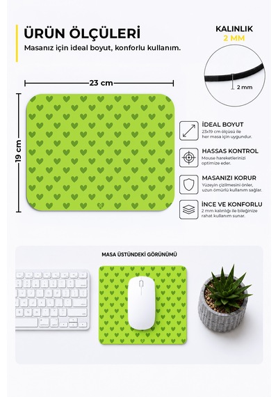 Yeşil Renkli Kalpli Desenli Ergonomik Mouse Pad, Kaymaz Yüzey İle Ev Ve Ofis Kullanımı İçin İdeal