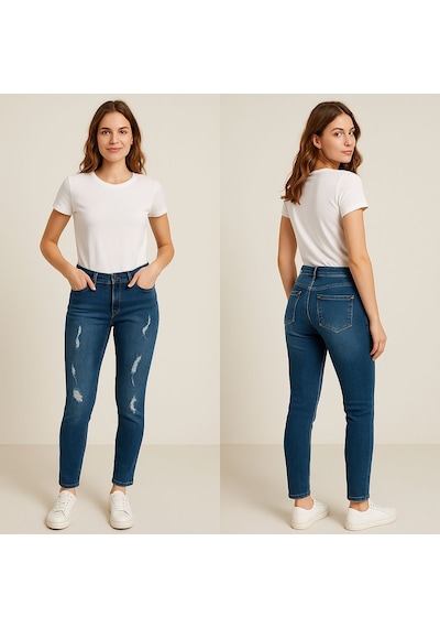 Lazerli Yırtık Denim Tayt Pantolon Açık Lacivert