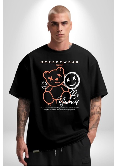 Yükseliş İçin Kendin Ol Pamuklu Bisiklet Yaka Unisex Oversize Boyfriend Dijital Baskılı Siyah T-shirt Siyah