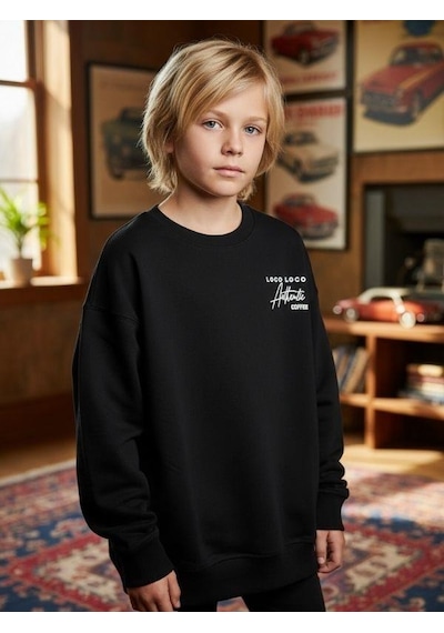 Zekids Erkek Çocuk Sırtı Araba Baskılı Tasarım Sweatshirt-16619 Siyah
