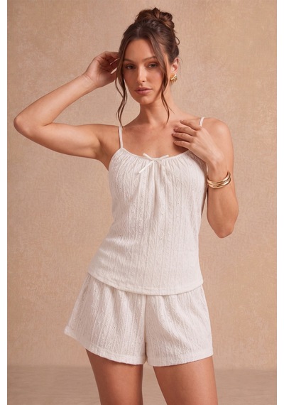Bella Notte Beyaz Kadın Nakışlı Askılı Şortlu Pijama Takımı