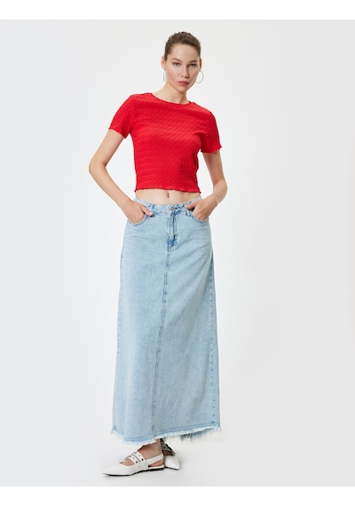 Koton Bürümcük Tişört Crop Kısa Kollu Bisiklet Yaka Slim Fit Kırmızı 4sal11110ık Kırmızı