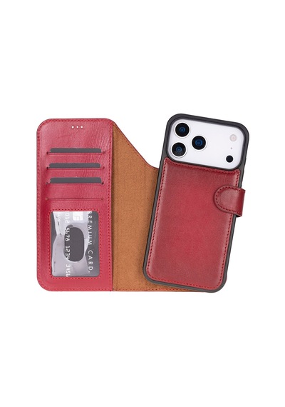 Bloomcase Magic Wallet Crimson Red Apple Uyumlu iPhone 17 Pro 6.3" Hakiki Deri Çıkarılabilir Cüzdanlı Telefon Kılıfı Kırmızı