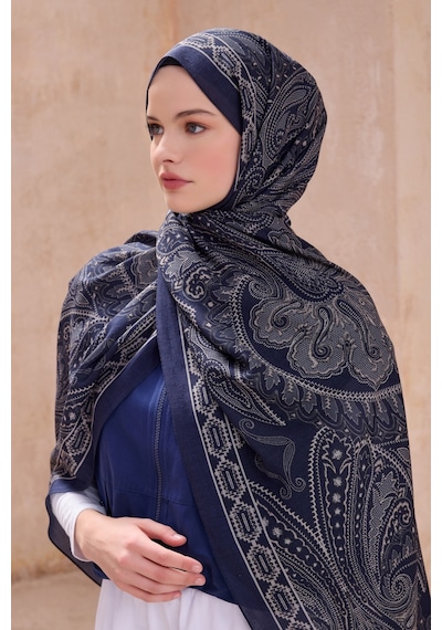 Belli Fresh Çiçek Desen Vintage Şal 3 Lacivert-vizon