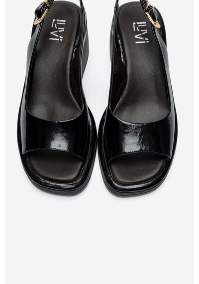 Luvi Shoes Orlena Siyah Rugan Hakiki Deri Dolgu Topuklu Sandalet