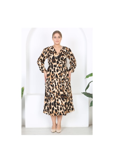 Mooi Xxl Kadın Leopar Desen Kruvaze Yaka Balon Kol Maxi Boy Bürümcük Elbise Leopar