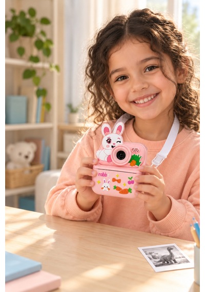 Kj/zm-003 Zoomy-r Tavşan Figürlü Anında Baskılı Çocuk Fotoğraf Makinesi, Çift Kamera, 2,4 İnç Ekran, 1080p Video, 3+ Yaş Pembe