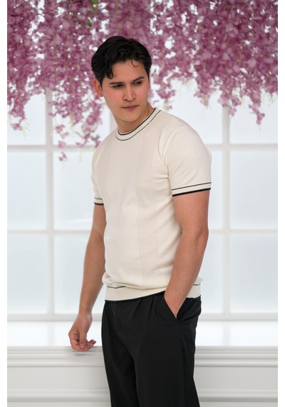 Advante Slimfit Kolları Lastikli Likralı Desenli Bisiklet Yaka Triko T-shirt Kemik