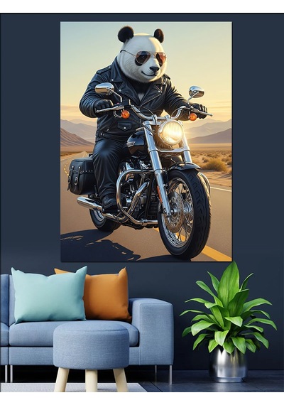 Motosiklet Süren Panda Ayısı Dekoratif Kanvas - Mdf Ahşap Tablo