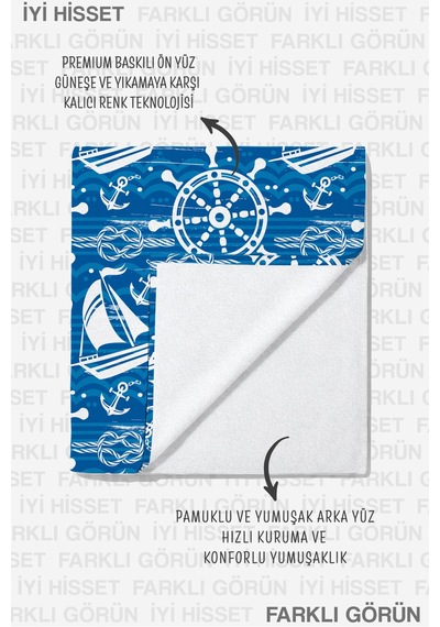 Yelkenli Çapa Dümen Temalı Plaj Havlusu-marine Mavi Beyaz Havuz Deniz Hızlı Kuruyan Mikrofiber Havlu Kuru Mimoza