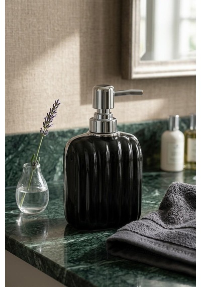 Porselen Çizgili Sıvı Sabunluk 350ml Siyah 48439