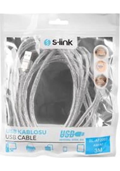 S-lınk Sl Af2003 Usb 2.0 3mt Şeffaf Uzatma Kablosu
