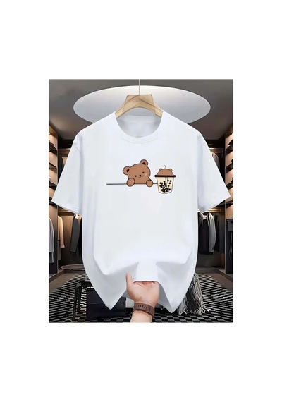 Medinenur Ayıcık Baskılı Basic T-shirt Beyaz