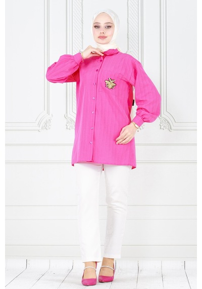 Sevitli Cebi Arı Detaylı Keten Tunik-fuşya-3868-fuşya Fuşya