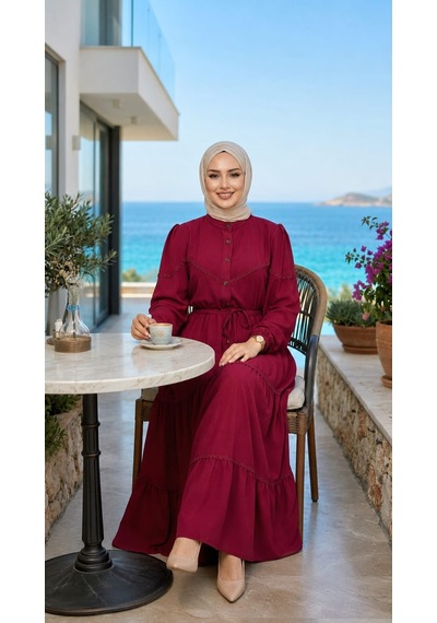 Hb Harma Time Butik Kadın Dantel Detaylı Beli Bağcıklı Ayrobin Bordo Elbise