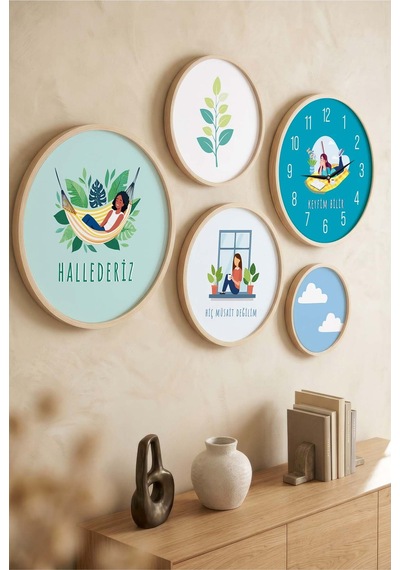 5 Parça Yuvarlak Ahşap Çerçeveli Renkli Minimalist Sevgi Sözü Tablo Ve Saat Seti