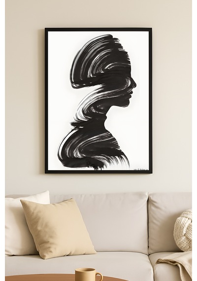 Ink Whisper Siyah Ahşap Çerçeveli Poster, Dekoratif Soyut Monokrom Duvar Tablosu