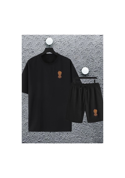 Tarzsokak Macklin Unisex Kadın Erkek Marvel Groot Baskılı Oversize Tshirt Ve Şort Eşofman Takımı Mackli Siyah