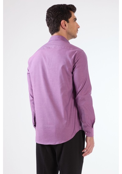 Dufy Koyu Lila Erkek Slim Fit Düz Brent Düğmeli Yaka Uzun Kol Gömlek - 102469 Koyu Lila