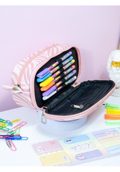 Kalem Kutusu Oval Tasarım İki Bölmeli Zebra Pembe Temalı Vegan Deri Kalemlik Onesize