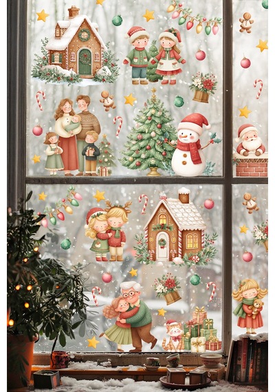 Yeni Yıl Cam Sticker Seti Büyük Boy Aile & Noel Evi Temalı 80+ Parça Çift Taraflı Pencere Süsü Dijital Baskı