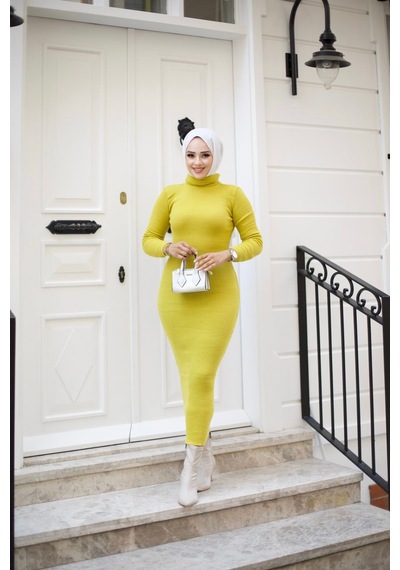 Hira Life Fashion Kadın Elbise Tesettür Giyim Balıkçı Yaka Ve Dar Kesim Triko Kalem Elbise Sarı Sarı Hira Life Fashion Kadın Elbise Tesettür Giyim Balıkçı Yaka Ve Dar Kesim Triko Kalem Elbise Sarı Sarı