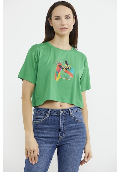 Oversize Baskılı Crop Tişört - Yeşil Çok Renkli