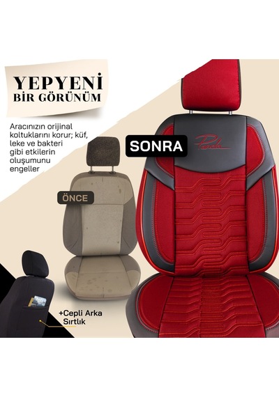 Panda Berlin Serisi Jakar Kumaş Oto Koltuk Kılıfı Kırmızı - Siyah