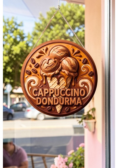 Cappuccino Dondurma Görselli İpli Ahşap Kapı Ve Duvar Süsü, Cafe, Dondurmacı Tabelası Dekoru