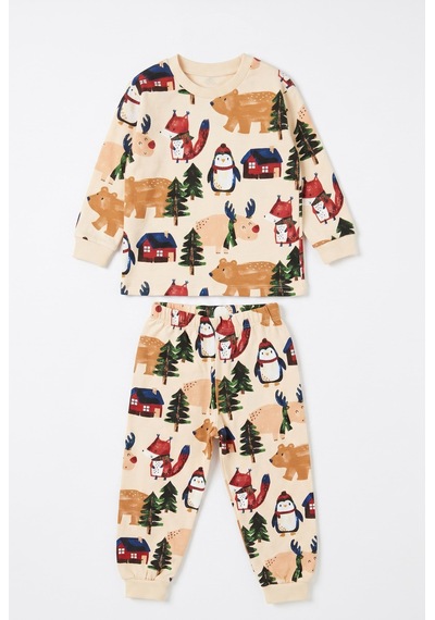 Minipomes Jungel Animals Pamuklu Çocuk Pijama Takım Bej