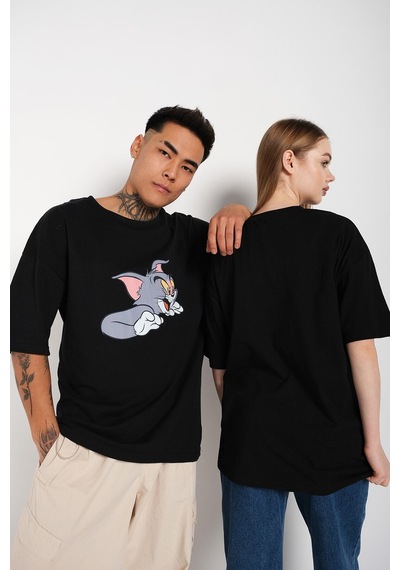 Flood Of Style Siyah Unisex Ikili Tom Ve Jery Baskılı Oversize T-shirt
