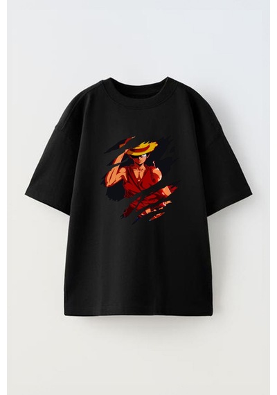 Thewert Unisex Anime Luffy Straw Ha Tone Piece Kesik Tasarım Baskılı Pamuk Sıyah Oversize T-shirt Siyah